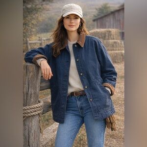 Vintage 90s Lands' End Navy Chore Barn Jacket Corduroy Trim, Flannel Lining XL